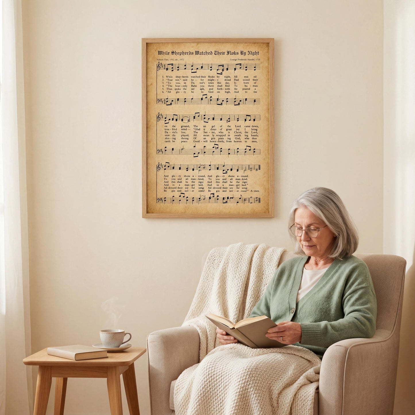 An elderly woman is sitting in a chair, reading a book, with a framed sheet music poster of a hymn hanging on the wall behind her.