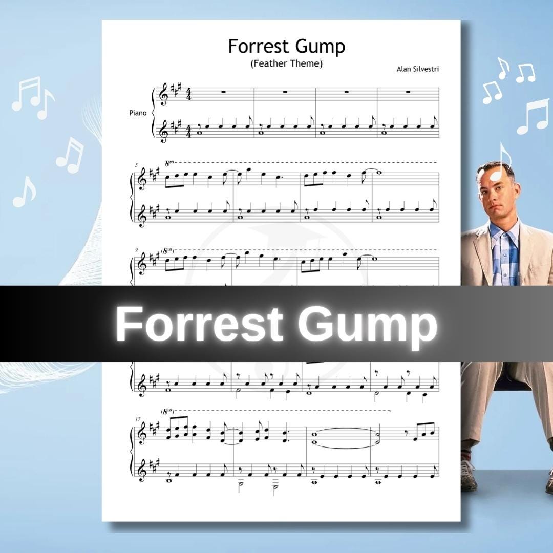 Forrest Gump Theme by Alan Silvestri downloadable and simplified piano sheet music PDF shown in a Grade 4 layout with finger numbers, color-coded notes, note-name versions, and manuscript-based engraving, supported by MP3 audio and a video tutorial for expressive film-music study.