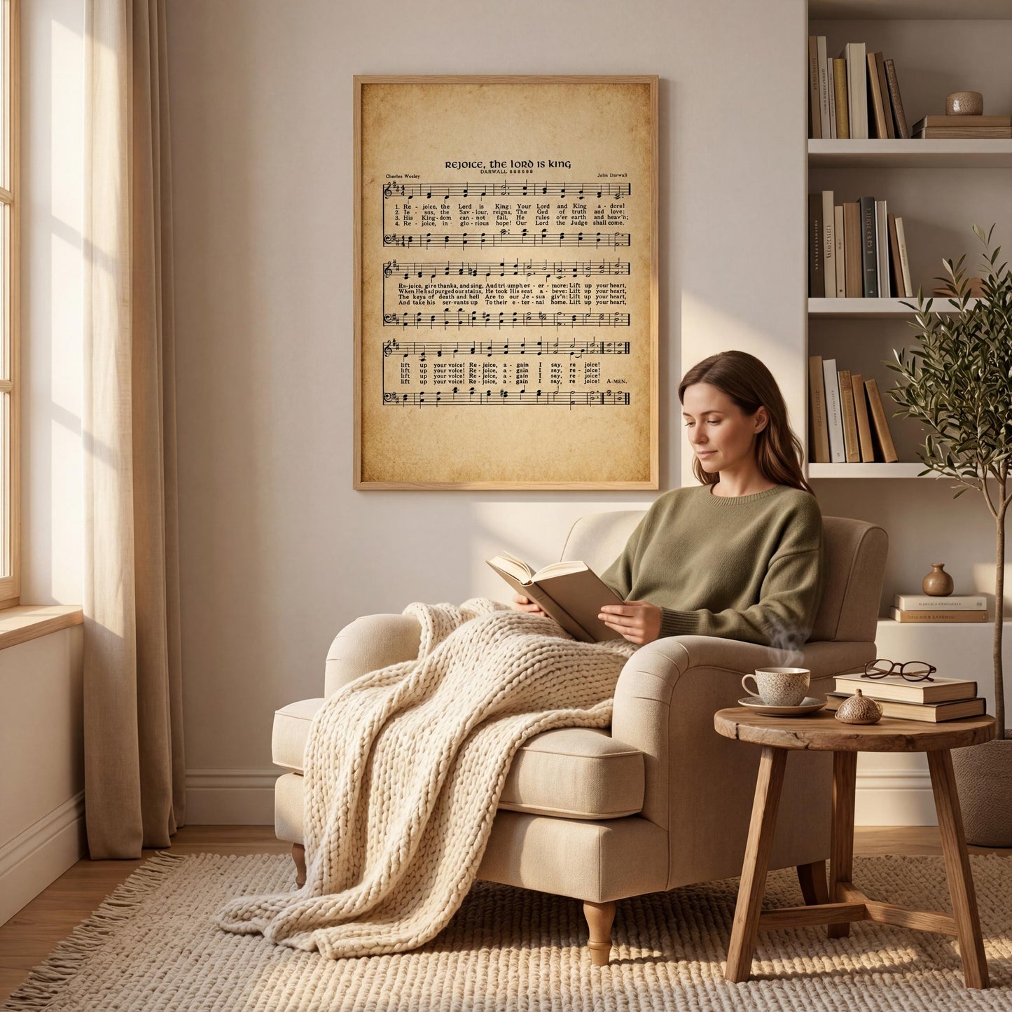 A woman is sitting in a chair, reading a book in a cozy living room with a large framed sheet music poster on the wall behind her.