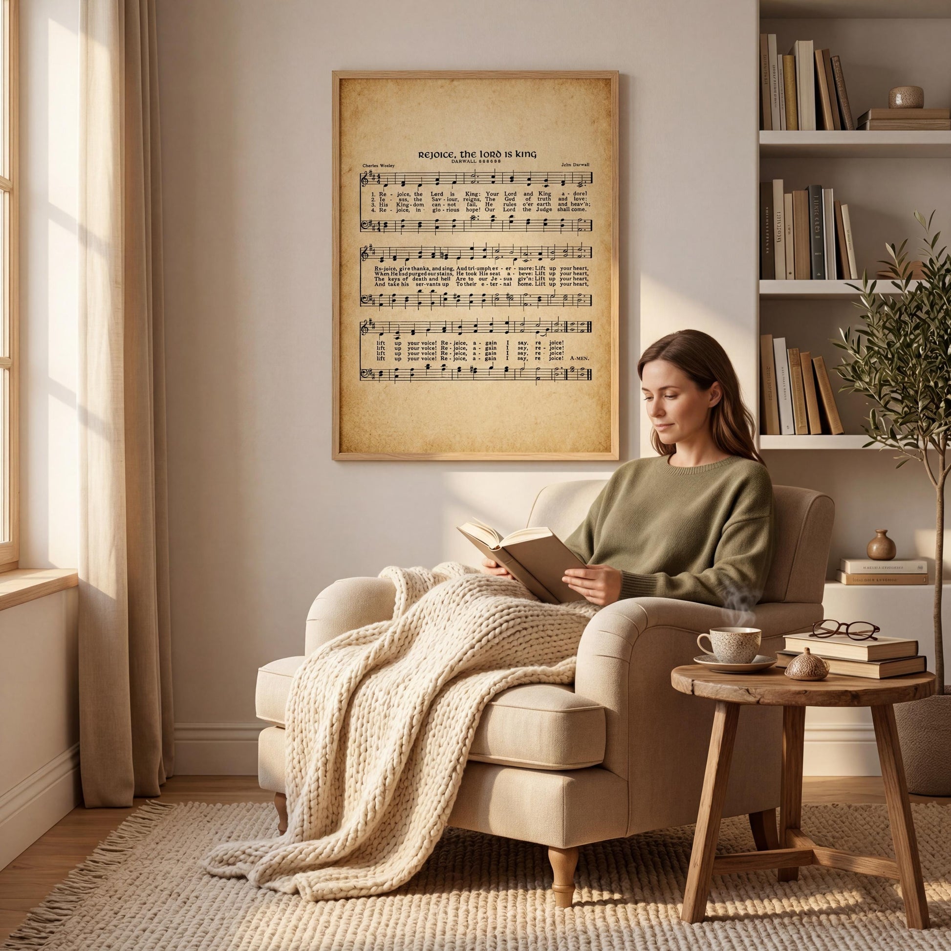 A woman is sitting in a chair, reading a book in a cozy living room with a large framed sheet music poster on the wall behind her.