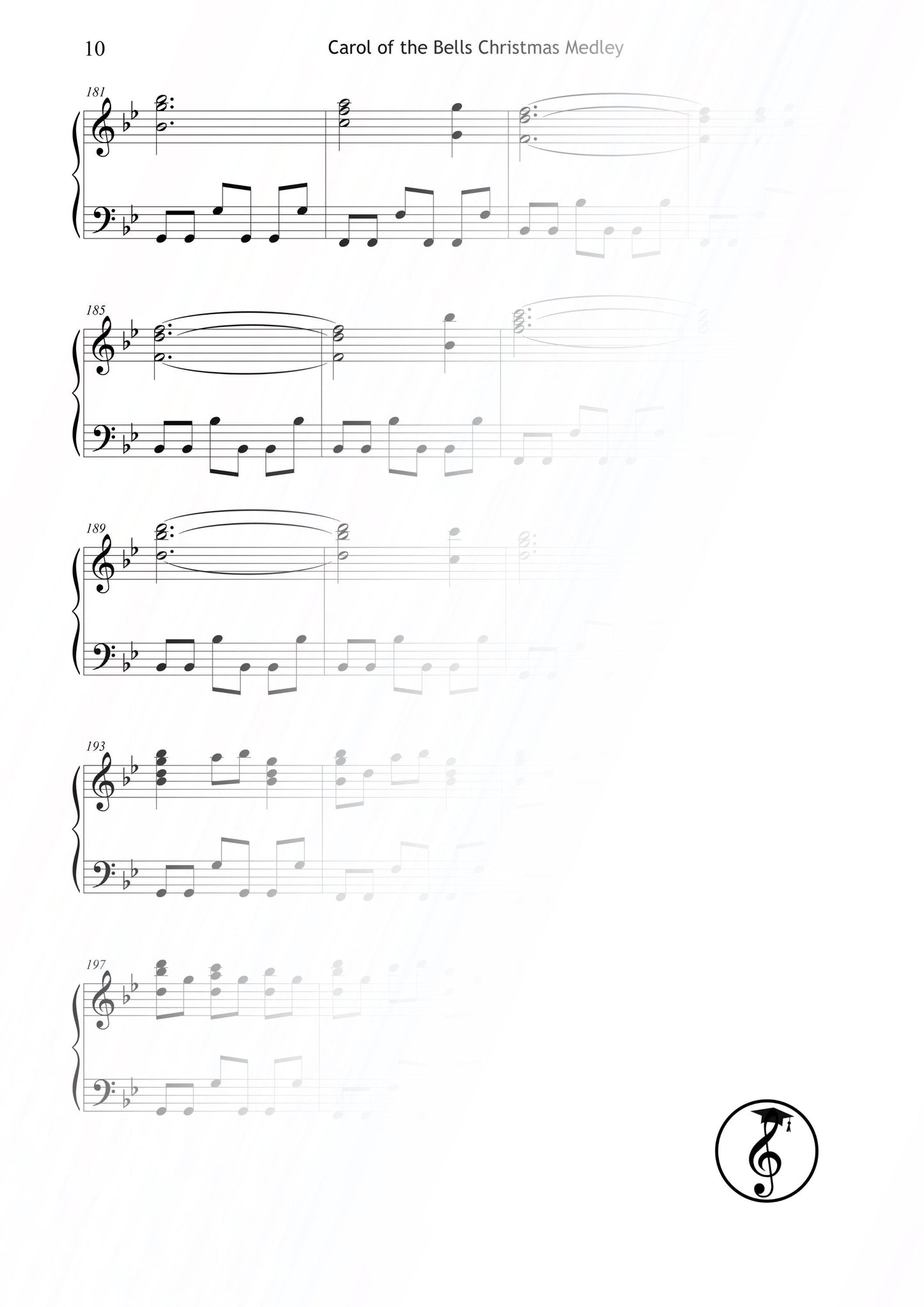 Christmas piano music PDF – Carol of the Bells arranged for Grade 4 solo piano. Elegant, professionally engraved sheet music for students and teachers. Ideal for Christmas recitals, performances, or personal study, instant printable download, classic holiday favorite.