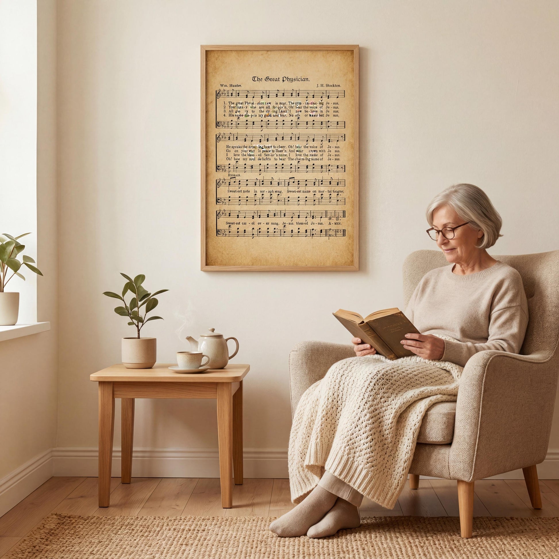 An elderly woman is sitting in a chair, reading a book, with a framed sheet music poster of a hymn hanging on the wall behind her.