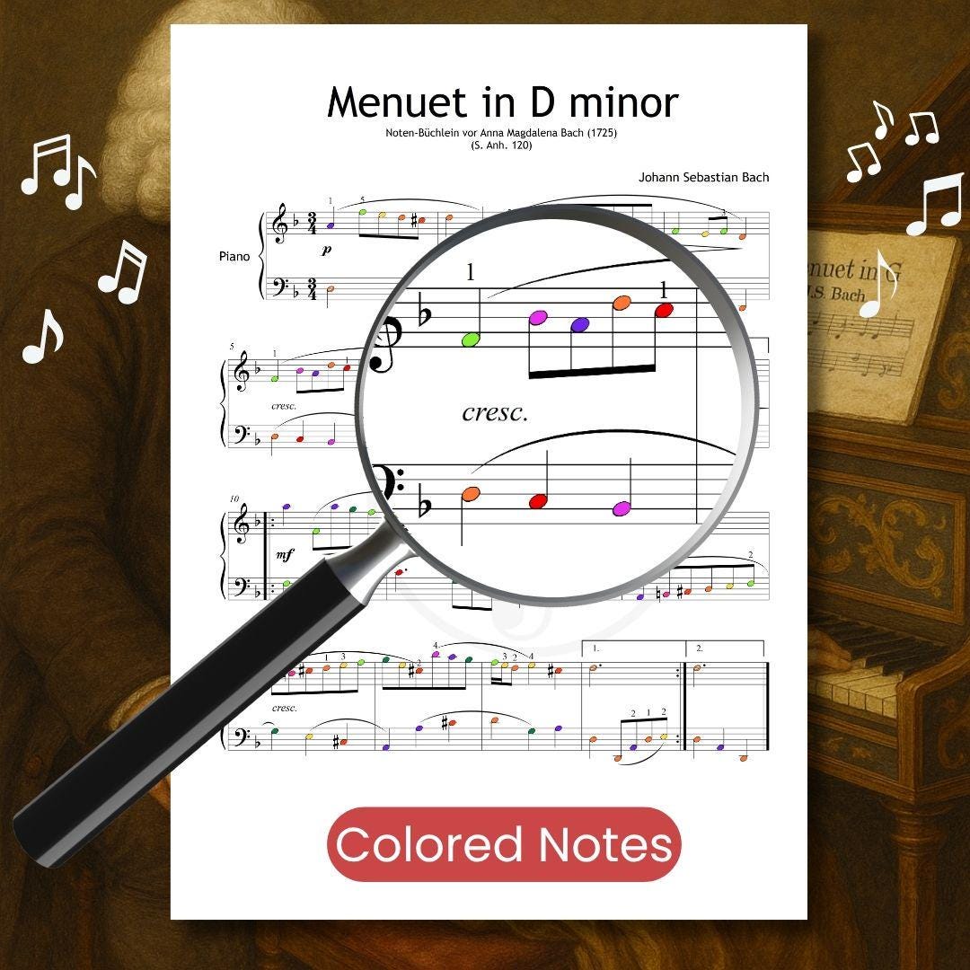 Menuet in D Minor by Johann Sebastian Bach – downloadable and simplified piano sheet music PDF featuring color-coded notes to enhance visual learning and student engagement. Suitable for group classes or young learners starting music theory integration.