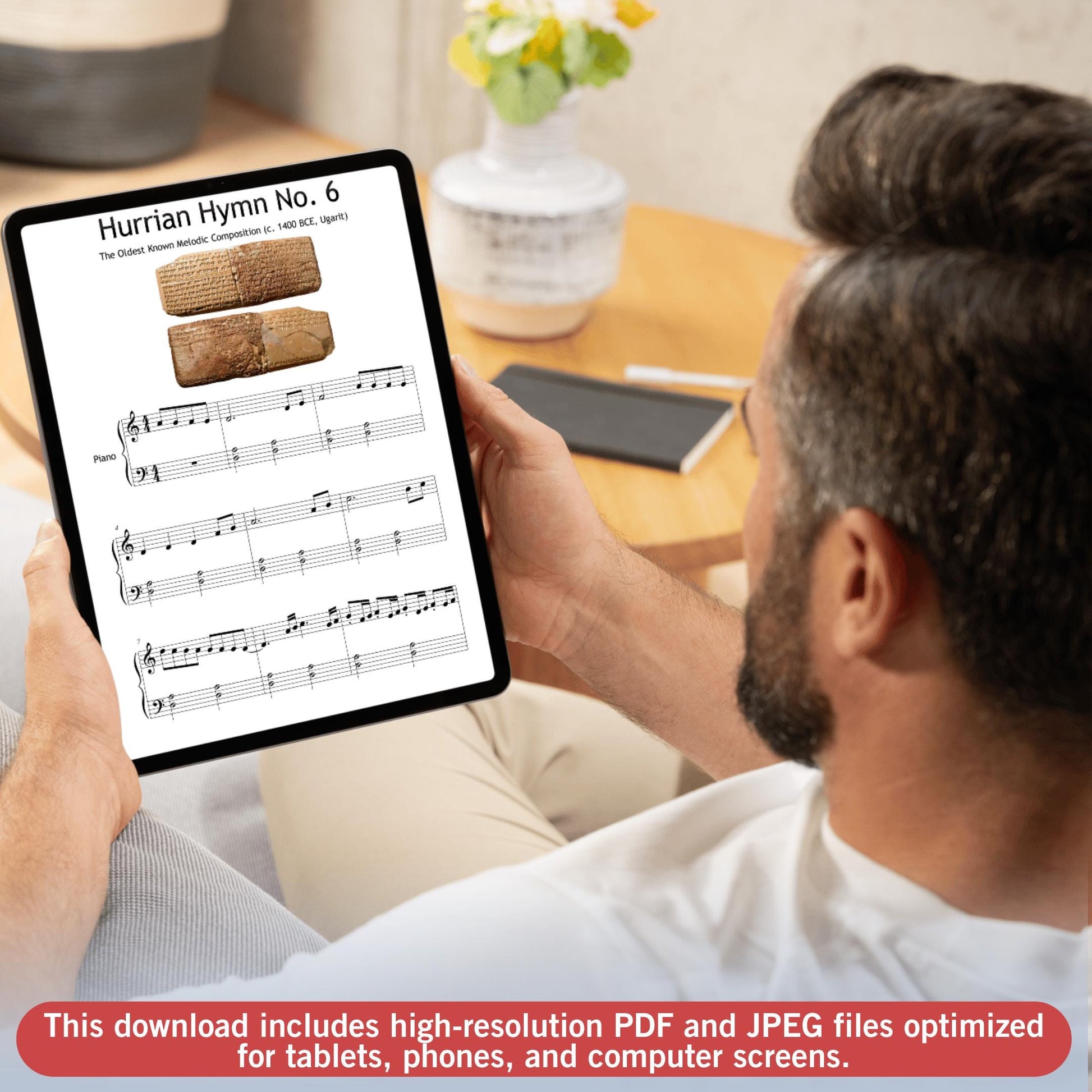 Oldest known song Hurrian Hymn No. 6 beginner piano arrangement, Grade 1 simplified PDF with note names and color-coded edition, MP3 audio demo and MP4 teaching video, printable and tablet-ready for classrooms.