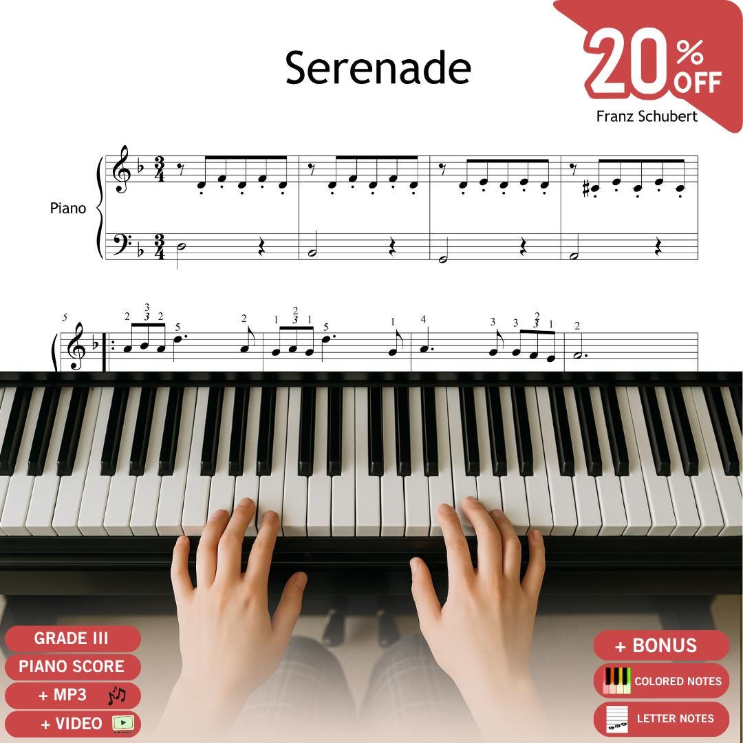 Serenade (Ständchen) by Franz Schubert downloadable and simplified piano sheet music PDF shown in a Grade 3 easy layout with finger numbers, color-coded notes, letter-name versions, and manuscript-based engraving for lyrical early-intermediate study.