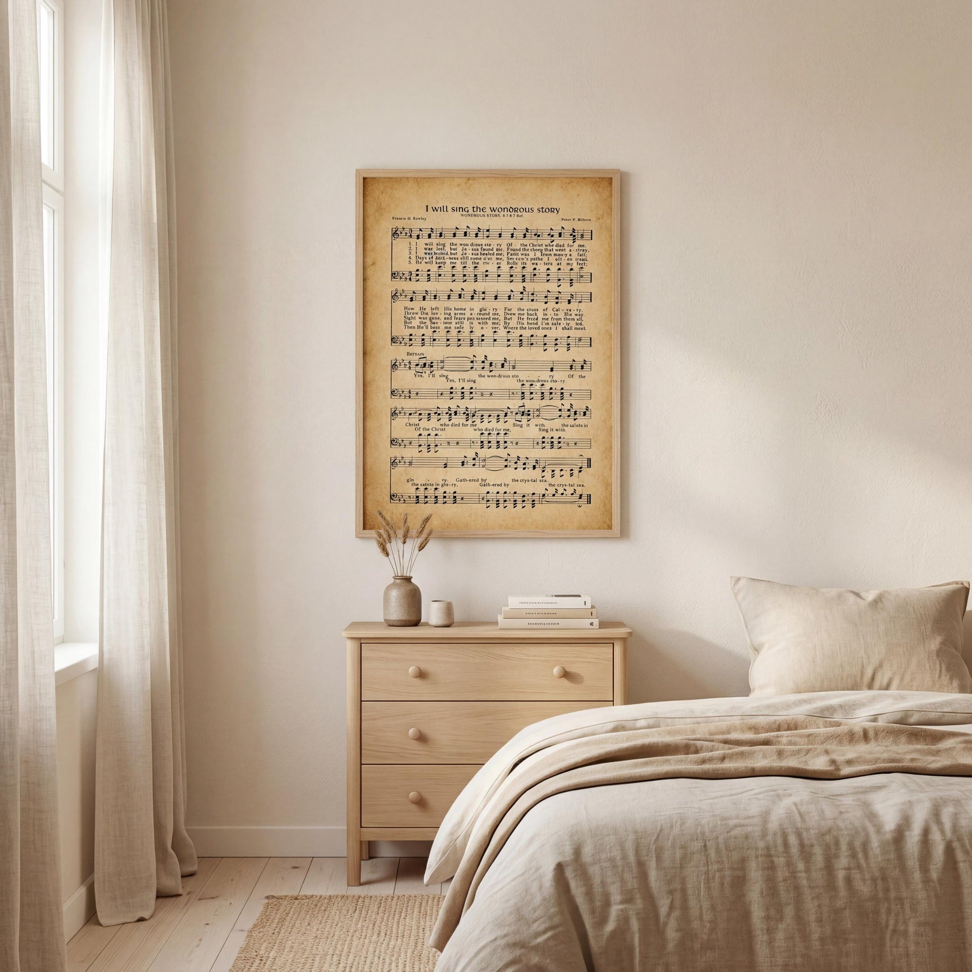a bedroom with a bed, a dresser, and a framed sheet music poster on the wall.