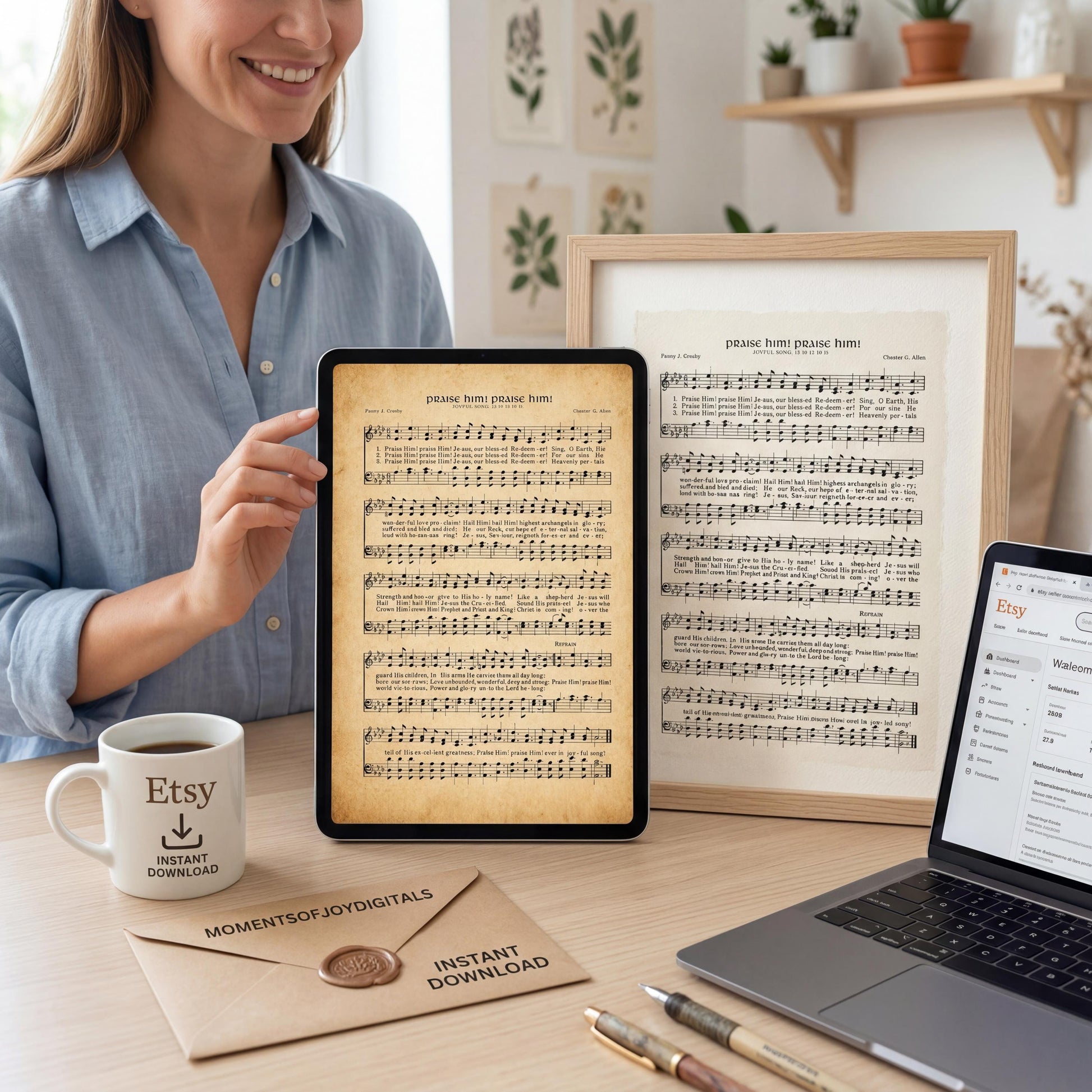 A woman is holding a framed sheet music print of a song, surrounded by various items such as a laptop, a coffee cup, and a framed picture on a desk.