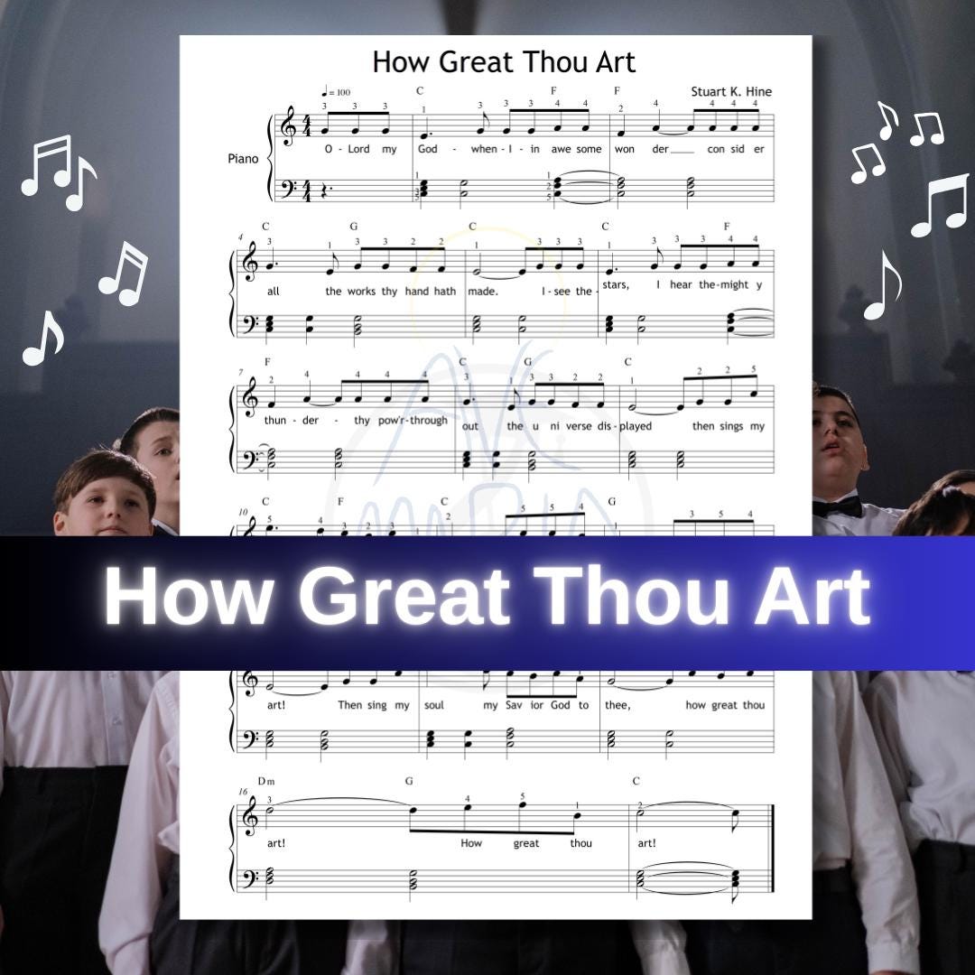 How Great Thou Art by MuzikAkademik – simplified piano sheet music PDF with chords and fingerings designed for students at ABRSM or Trinity Grade 2–3 level. Perfect for sacred solo performance or structured lessons.