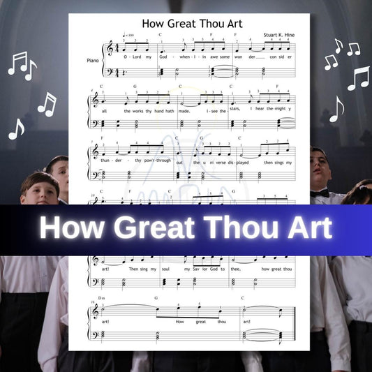 How Great Thou Art by MuzikAkademik – simplified piano sheet music PDF with chords and fingerings designed for students at ABRSM or Trinity Grade 2–3 level. Perfect for sacred solo performance or structured lessons.