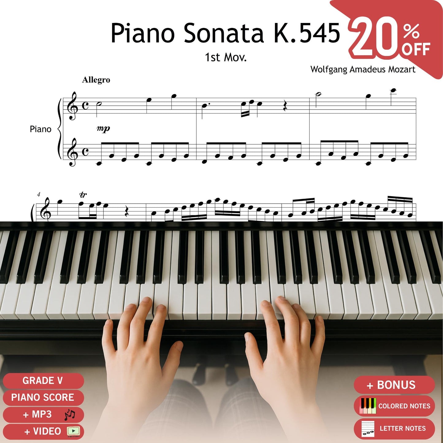 Mozart Sonata No.16 in C Major K.545 piano sheet music PDF, original score with named notes and color version