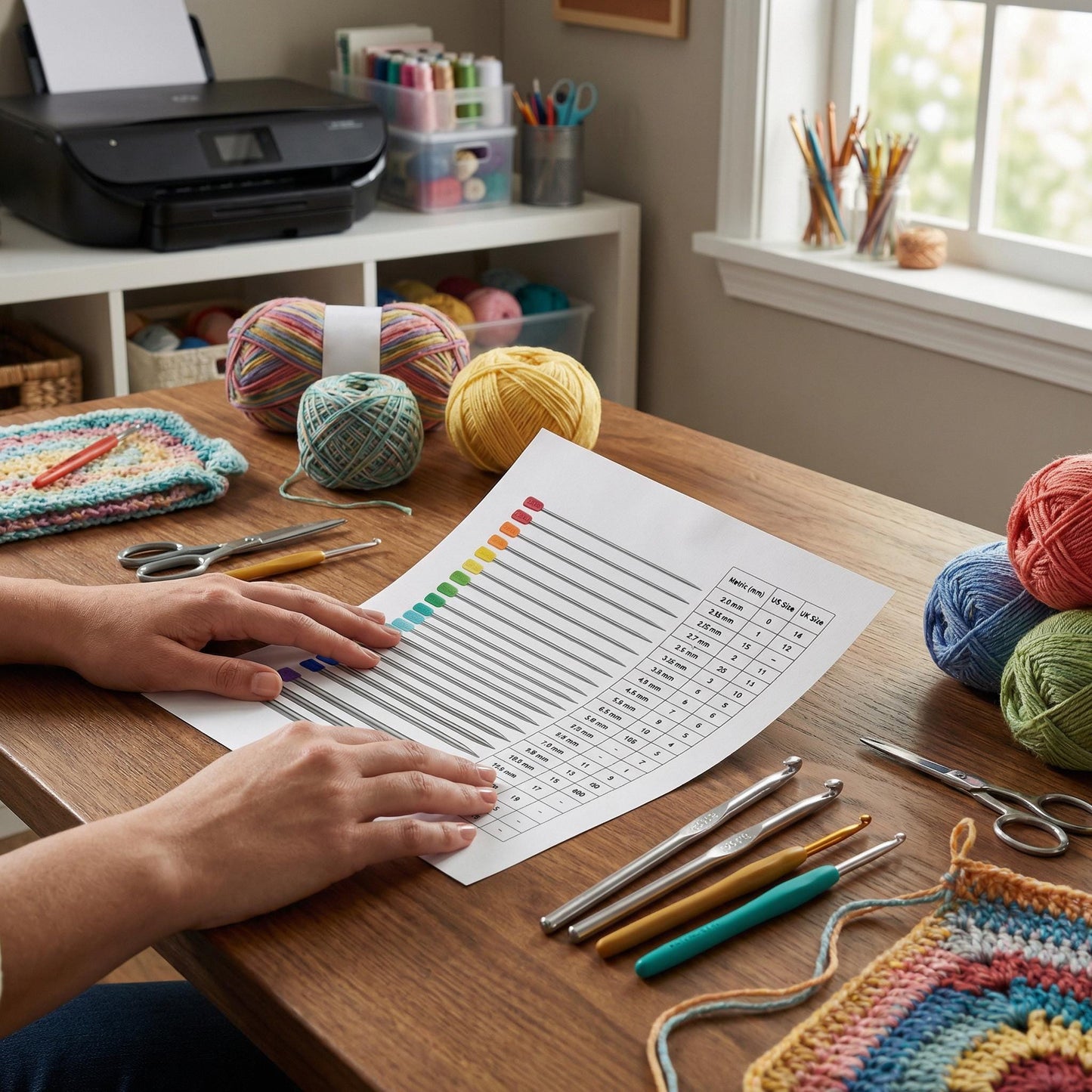 Knitting Needle Size Reference Printable – Metric, US and UK Needle Chart for Knitters | Digital Download 
Knitting needle reference poster printable showing consistent size listings across metric, US, and UK systems, perfect for yarn shops and knitting classrooms.