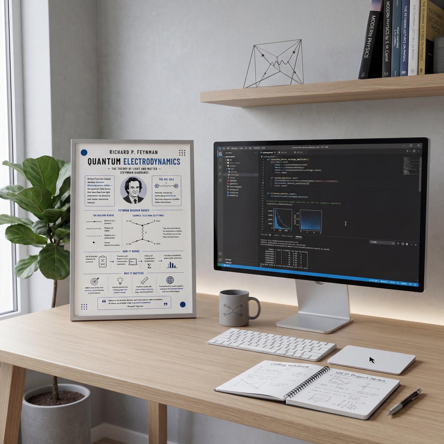 a desk with a computer monitor, keyboard, and various office supplies such as a mug, notebook, and pen. There is also a poster or diagram related to Richard P. Feynman's work on Quantum Electrodynamics, which is displayed on the desk.