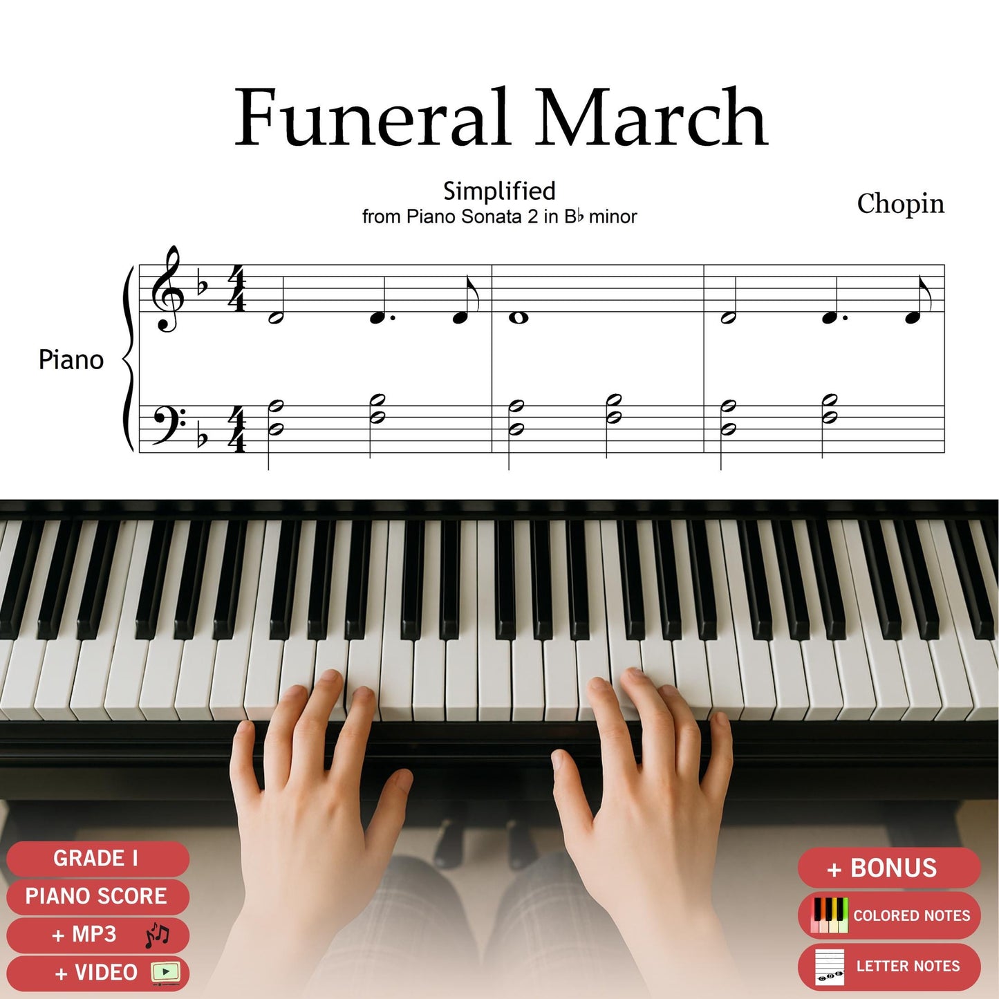 Funeral March by Frédéric Chopin Grade 1 easy piano sheet music PDF, simplified Halloween edition with professional engraving, includes note-named and color-assisted versions, MP3 demo track, and MP4 tutorial video.