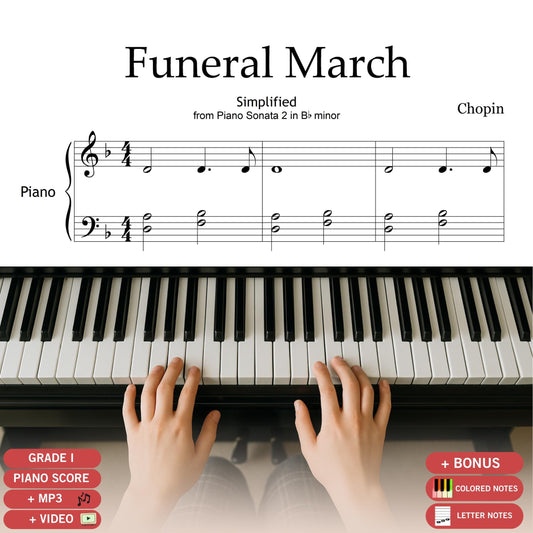 Funeral March by Frédéric Chopin Grade 1 easy piano sheet music PDF, simplified Halloween edition with professional engraving, includes note-named and color-assisted versions, MP3 demo track, and MP4 tutorial video.