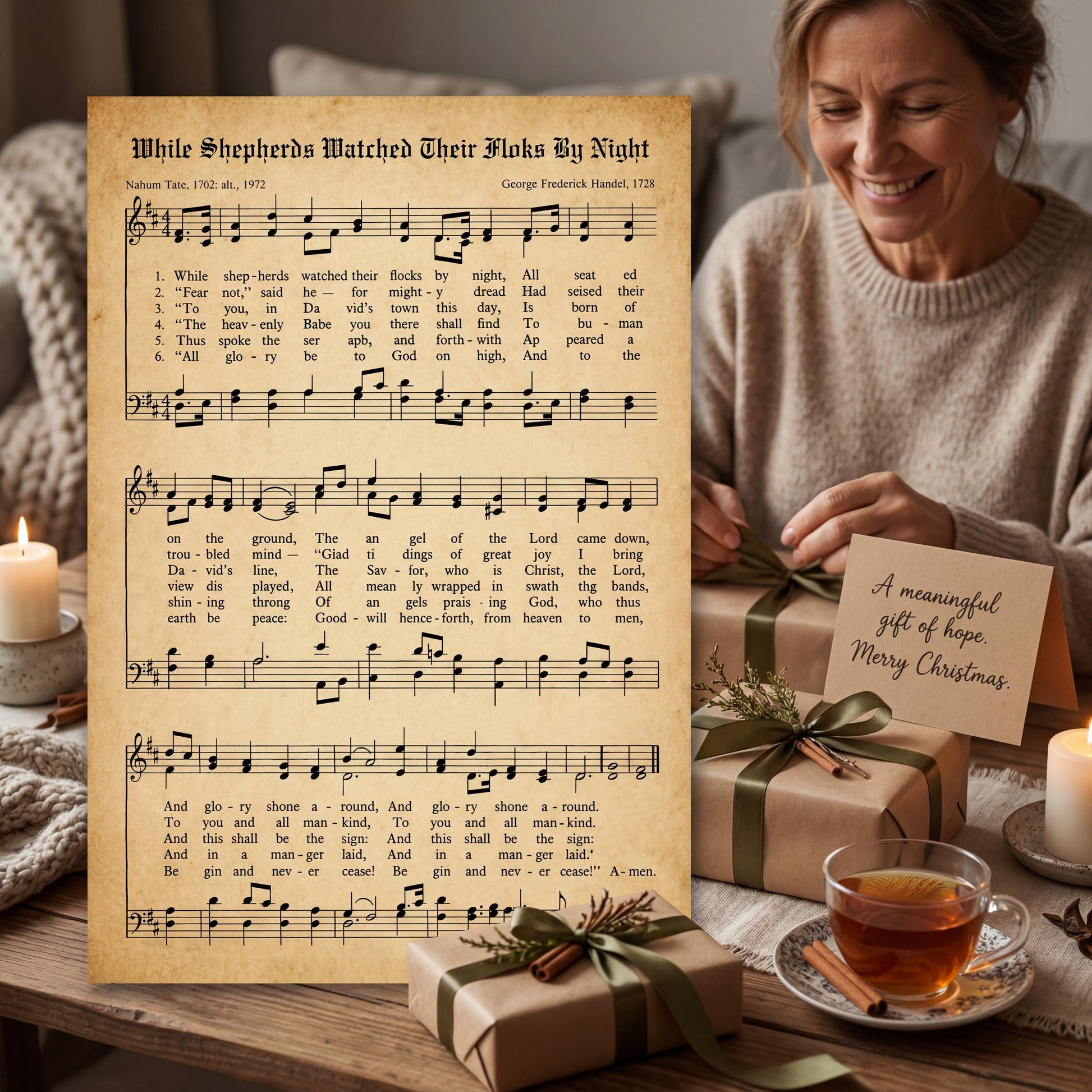 a woman sitting at a table with a sheet of music and a cup of tea, surrounded by wrapped gifts and a candle.
