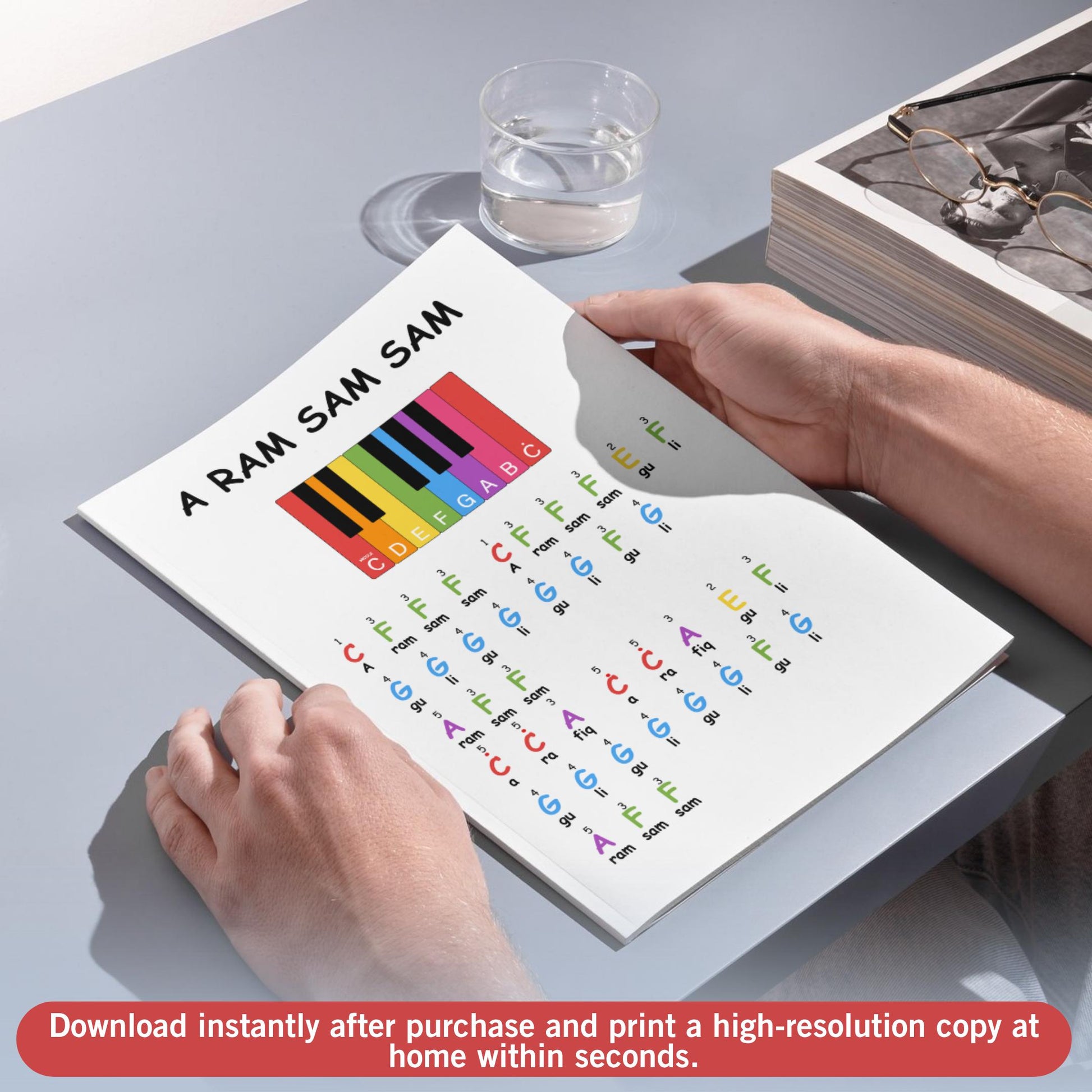 One-hand piano sheet for A Ram Sam Sam in simplified format with color notes and letter names. Ideal for small hands and early coordination skills. Great for beginner piano players or special education settings.