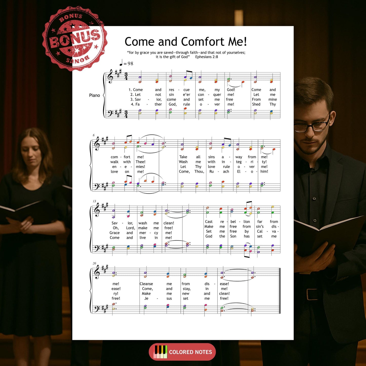 SATB choir sheet music for Come and Comfort Me with piano accompaniment and full lyrics. A moving sacred song arranged for church choirs and gospel musicians. Includes soprano to bass voices. Digital PDF, instant download.