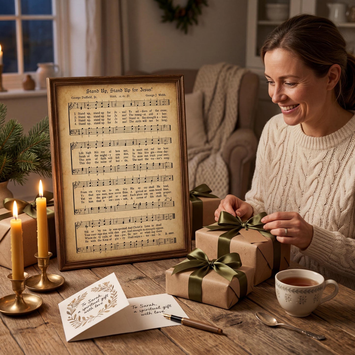 A woman is sitting at a table, smiling and wrapping gifts with green ribbons. In front of her is a framed sheet of music, and there are wrapped presents and a cup of tea on the table.