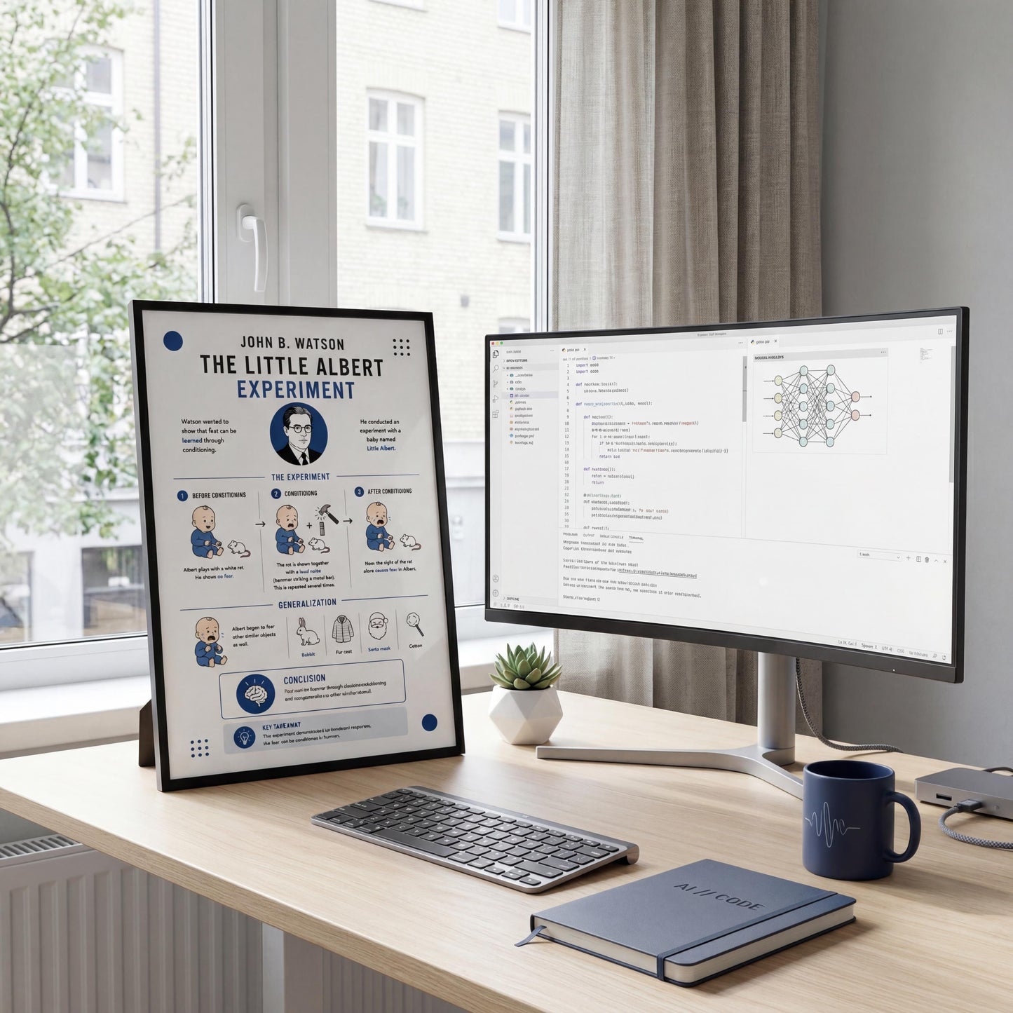 a desk with a computer monitor, keyboard, and a poster or presentation about the "Little Albert Experiment" by John B. Watson. The poster has a blue background with white text and illustrations, and the desk also has a mug, a notebook, and a plant.