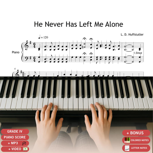 He Never Has Left Me Alone by L.D. Huffstutler, SATB choir and piano sheet music in printable PDF format.
A gospel favorite expressing faith in God’s constant presence—ideal for church choirs, worship services, and spiritual concerts.

Downloadable SATB choral sheet music of He Never Has Left Me Alone with full piano accompaniment.
