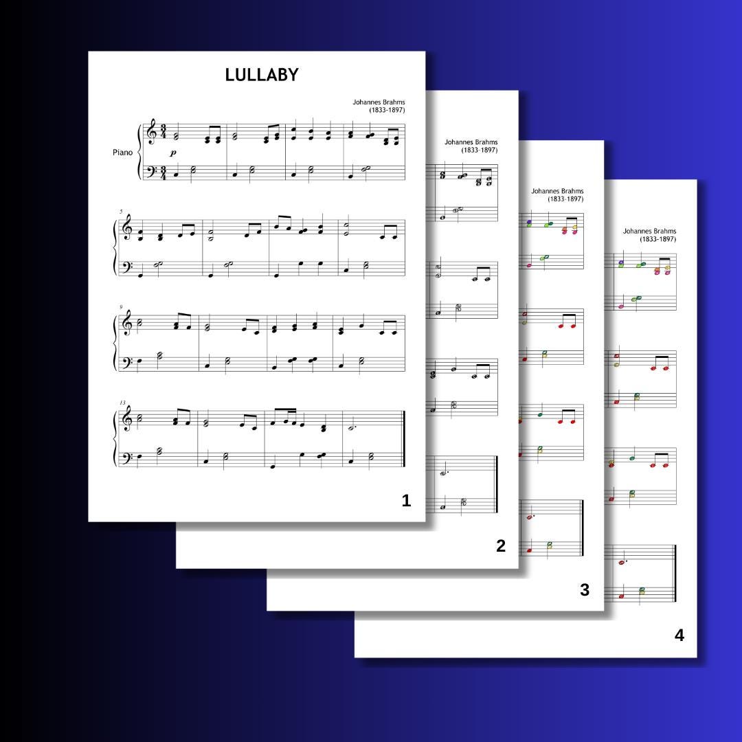 Brahms Lullaby Grade 3 Piano Sheet - Digital PDF with Finger Numbers, Note Names, MP3 & Color-Coded Learning Tools