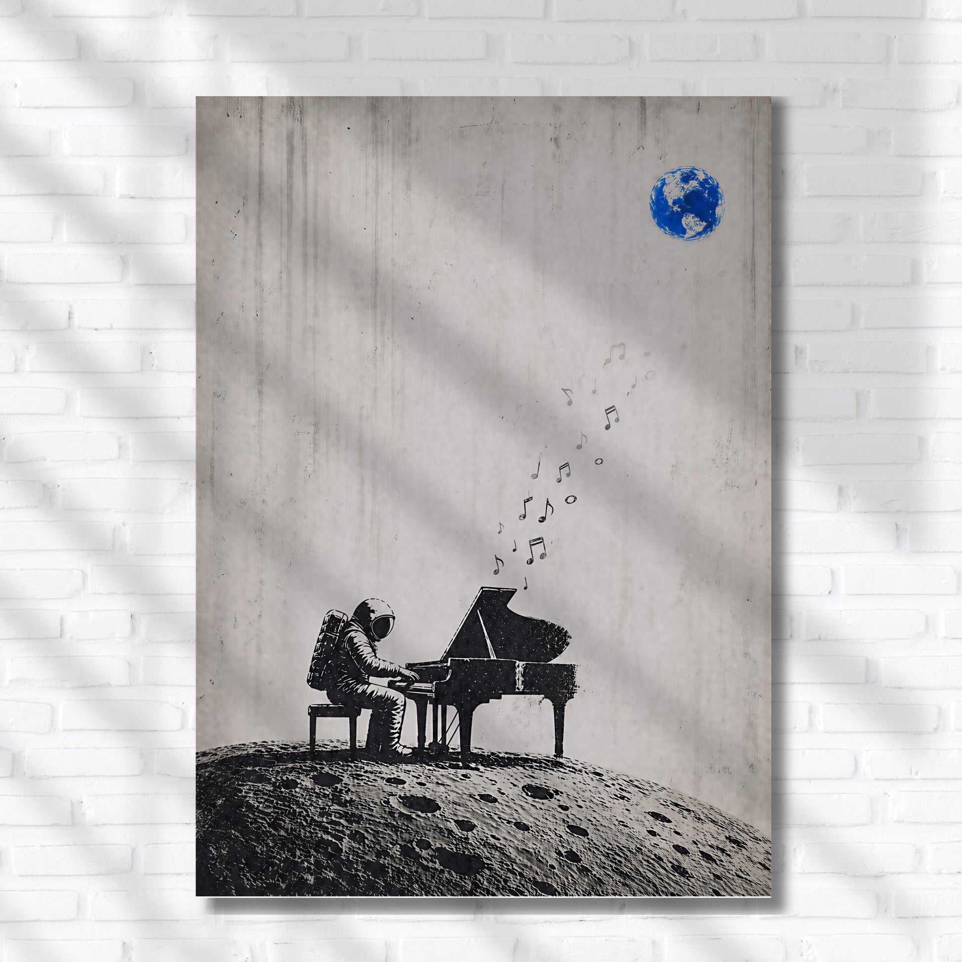 Astronaut Piano Moon Wall Art, Banksy Style Minimal Black White Space Poster, Surreal Music Artwork, Philosophical Digital Download