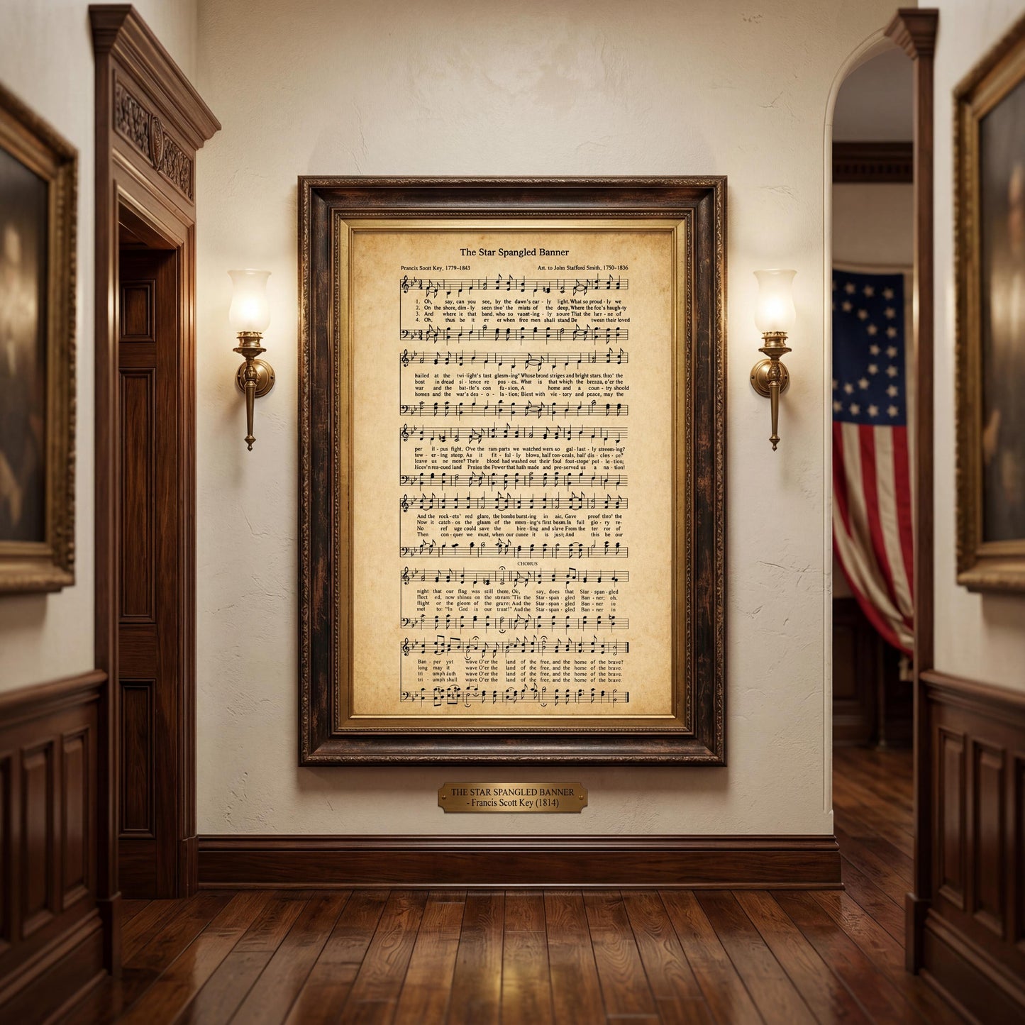 a large framed sheet of music with a title, "The Star Spangled Banner", displayed on a wall in a hallway. The sheet music is surrounded by a wooden frame and is illuminated by two wall sconces. In the background, there is an American flag hanging on the wall.