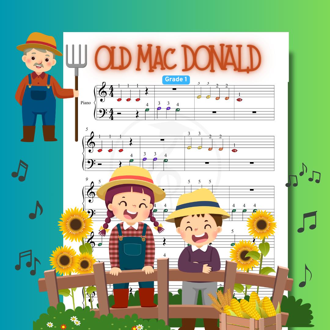 Old MacDonald Had a Farm - Grade 1 Simplified Easy Piano Sheet for Kids | Color Coded + Letter Notes + MP3 + Video - Nursery Rhymes McDonald