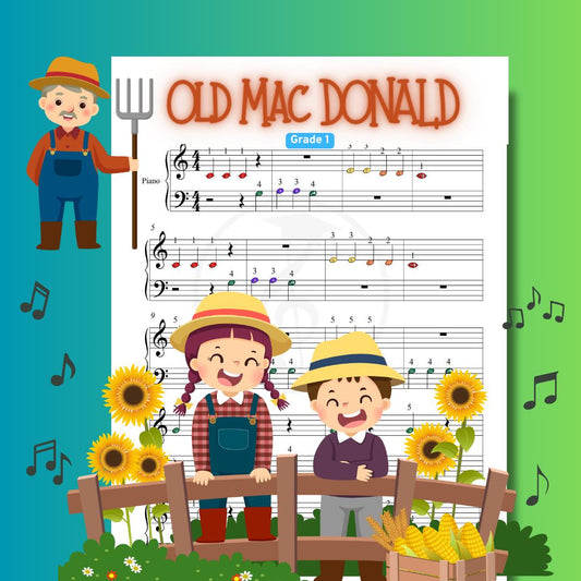 Old MacDonald Had a Farm - Grade 1 Simplified Easy Piano Sheet for Kids | Color Coded + Letter Notes + MP3 + Video - Nursery Rhymes McDonald