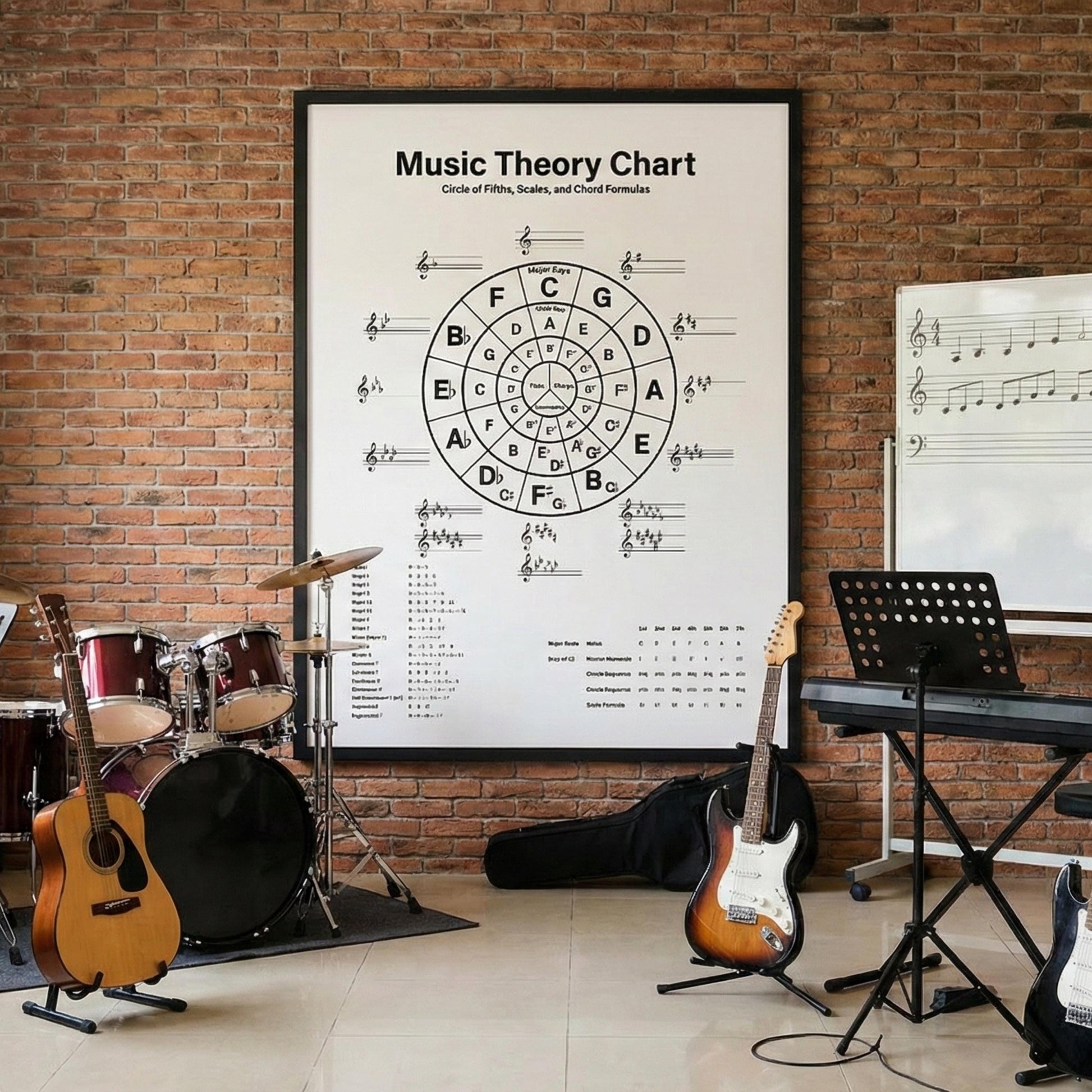 Music Theory Chart – Circle of Fifths, Scales and Chord Formulas displayed as a minimalist learning chart combining key signatures, major and minor scales, and basic chord formulas for quick reference in music classes.