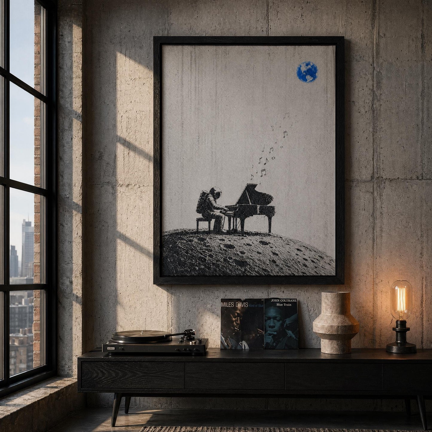 Astronaut Piano Wall Art – Minimalist Space Art | Black White Poster Digital Download