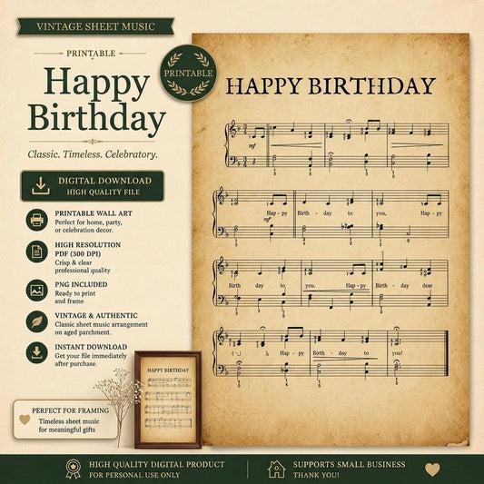 Happy Birthday Vintage Sheet Music Printable | Antique Piano and Vocal Score Wall Art PDF PNG | Birthday Gift Decor