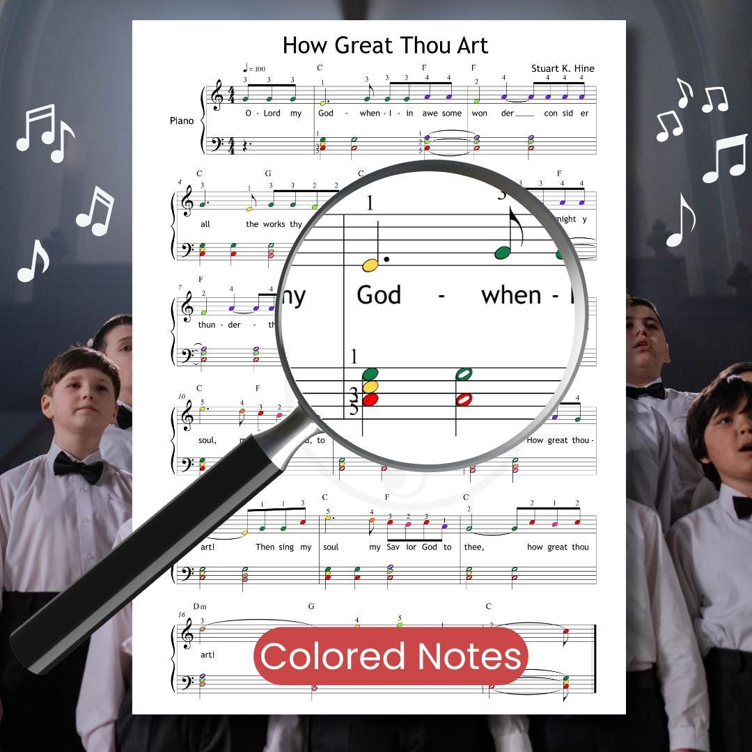 How Great Thou Art by MuzikAkademik – simplified piano sheet music PDF with chords and fingerings includes a color-coded notes version to help visual learners and younger students grasp musical structure.