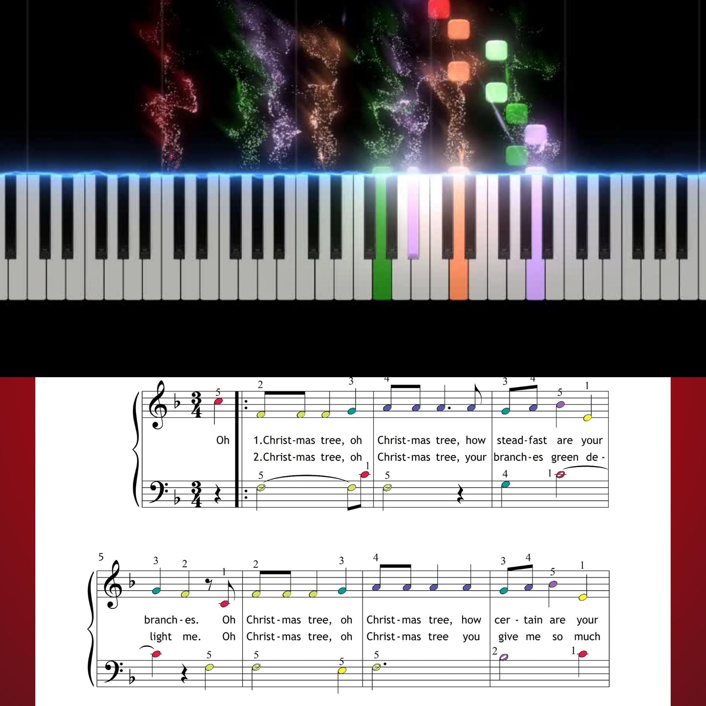 O Christmas Tree (O Tannenbaum) by Traditional downloadable and simplified piano sheet music PDF perfect for families seeking personalised and last-minute digital Christmas printables, combining Christmas gifts 2025 style with beginner lyrics, finger numbers and color-guided reading.