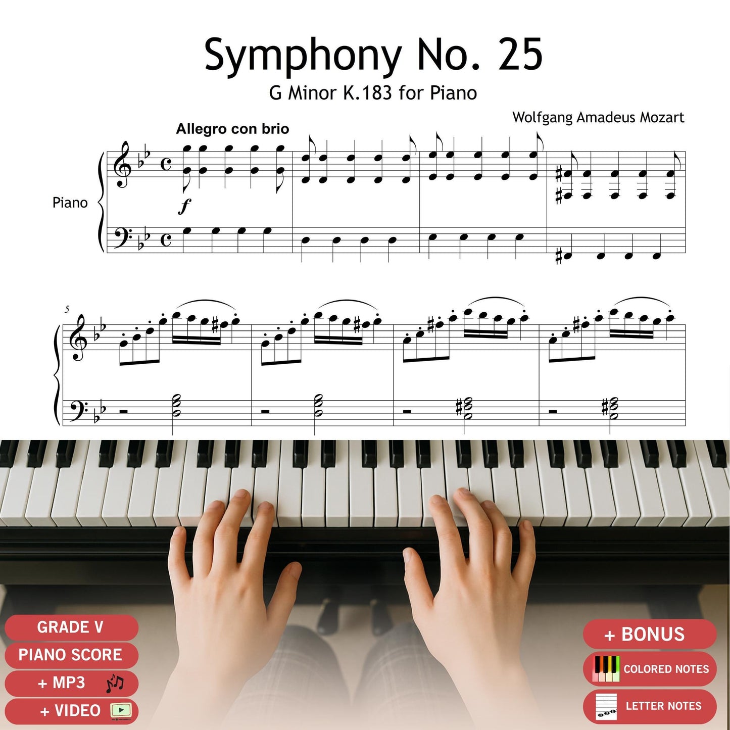 Symphony No. 25 by Mozart - Wolfgang Amadeus Mozart | Grade 5 Piano Sheet Music PDF Instant Download