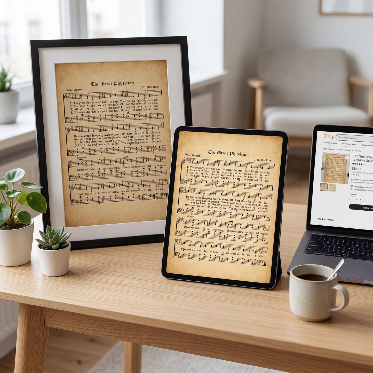 a wooden desk with a framed sheet music print, a tablet displaying sheet music, a laptop, and a coffee cup.