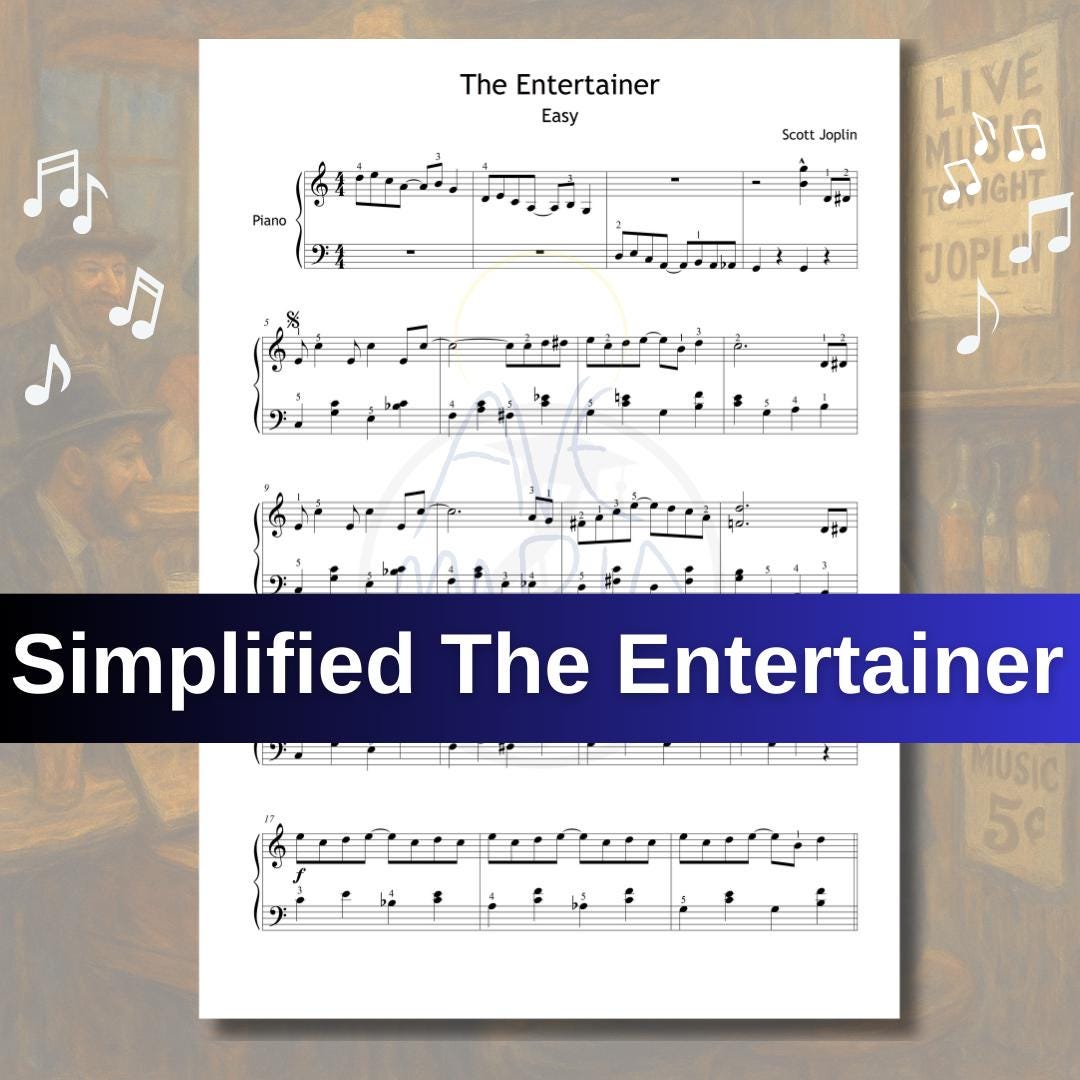 The Entertainer by Scott Joplin | Simplified Ragtime Piano PDF- Easy Piano Sheet Music