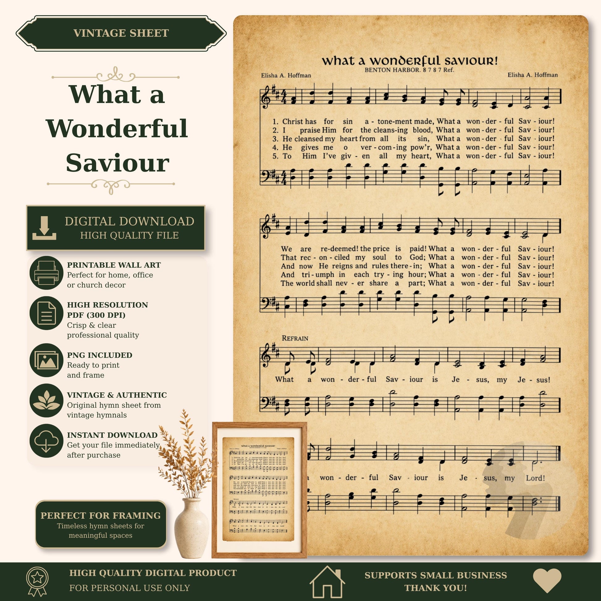 The image is a vintage sheet music titled "What a Wonderful Saviour" with a digital download option, a printable wall art option, and a high-quality digital product.