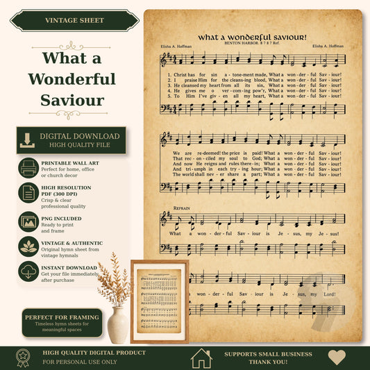 The image is a vintage sheet music titled "What a Wonderful Saviour" with a digital download option, a printable wall art option, and a high-quality digital product.