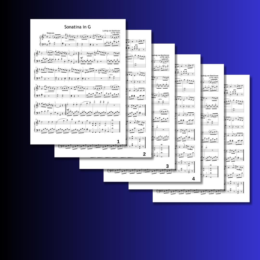 Beethoven Sonatina in G - Grade 4 Piano Sheet Music PDF with Finger Numbers, Note Names, Color Notes, MP3