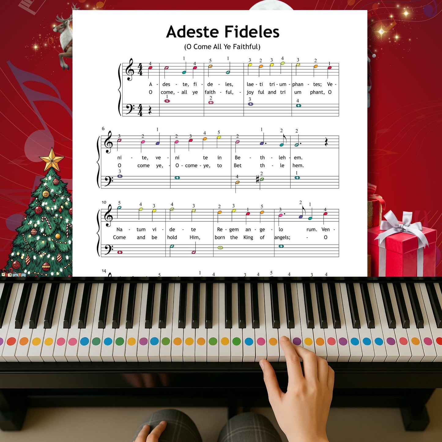 Adeste Fideles (O Come All Ye Faithful) by John Francis Wade downloadable and simplified piano sheet music PDF created for beginner learners echoes Christmas gifts 2025 trends with personalised eco-friendly Christmas printables, best Christmas gifts under $5 ideas, and clear lyrics, finger numbers and color notes for confident holiday playing.