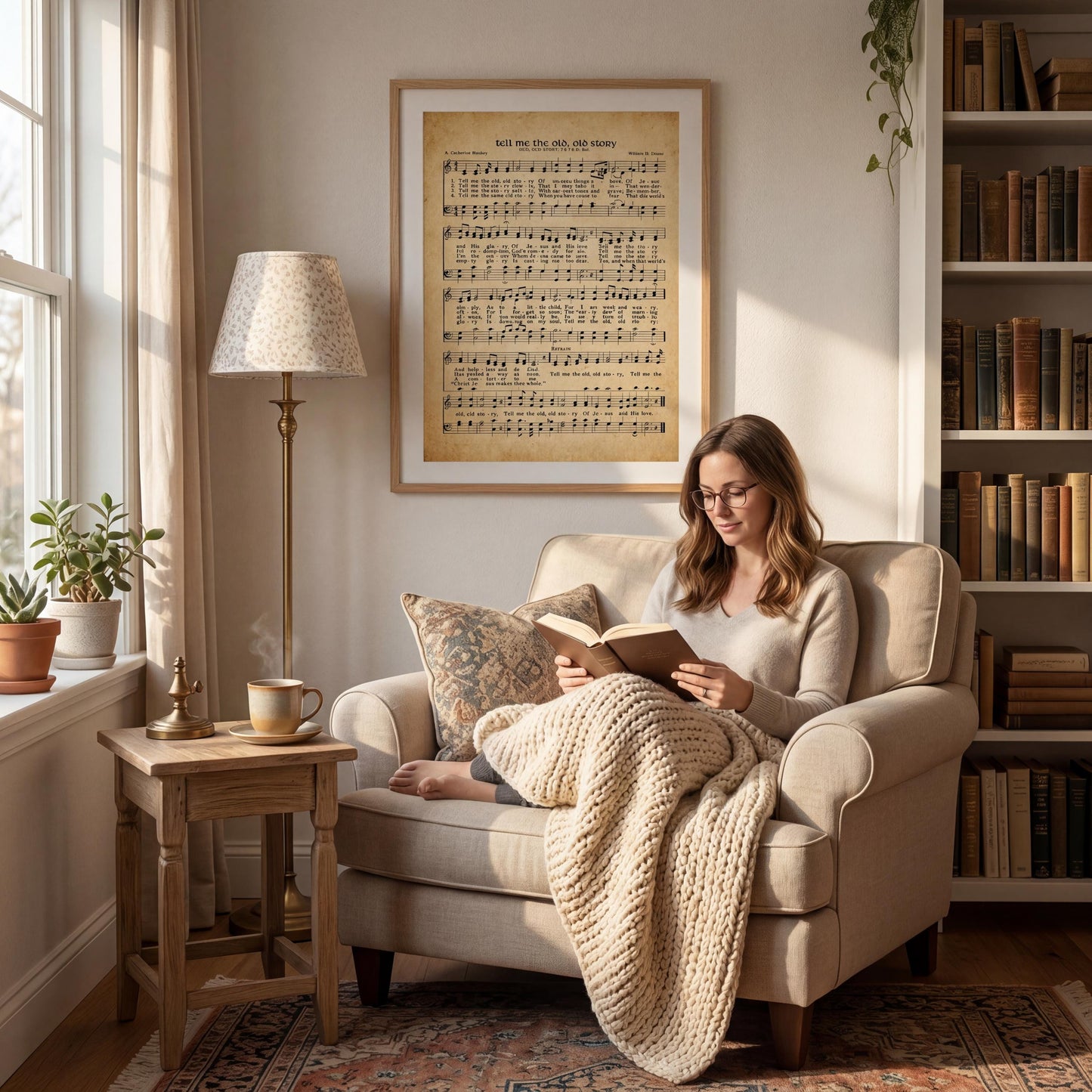 A woman is sitting in a chair, reading a book and wrapped in a blanket, with a framed sheet music poster on the wall behind her.