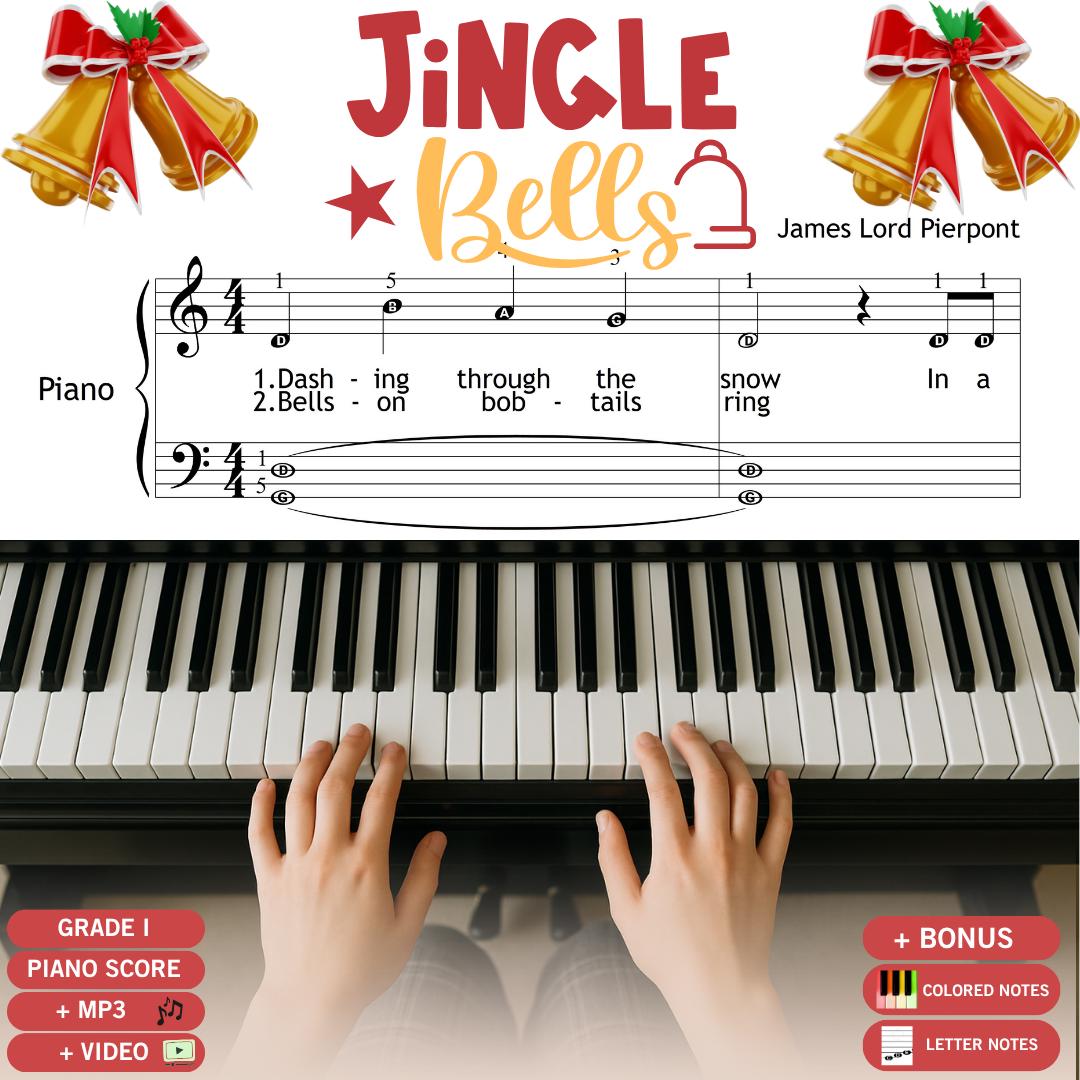 Jingle Bells by James Lord Pierpont downloadable and simplified piano sheet music PDF shown in a Grade 1 layout with finger numbers, color-coded notes, note names, lyrics, and an additional violin part, all engraved from manuscript references for festive beginner duets.