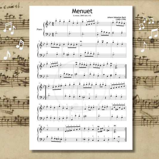 Minuet in G Minor BWV Anh. 115 - Bach Piano Sheet PDF Based on Anna Magdalena Manuscript | Grade 4 ABRSM