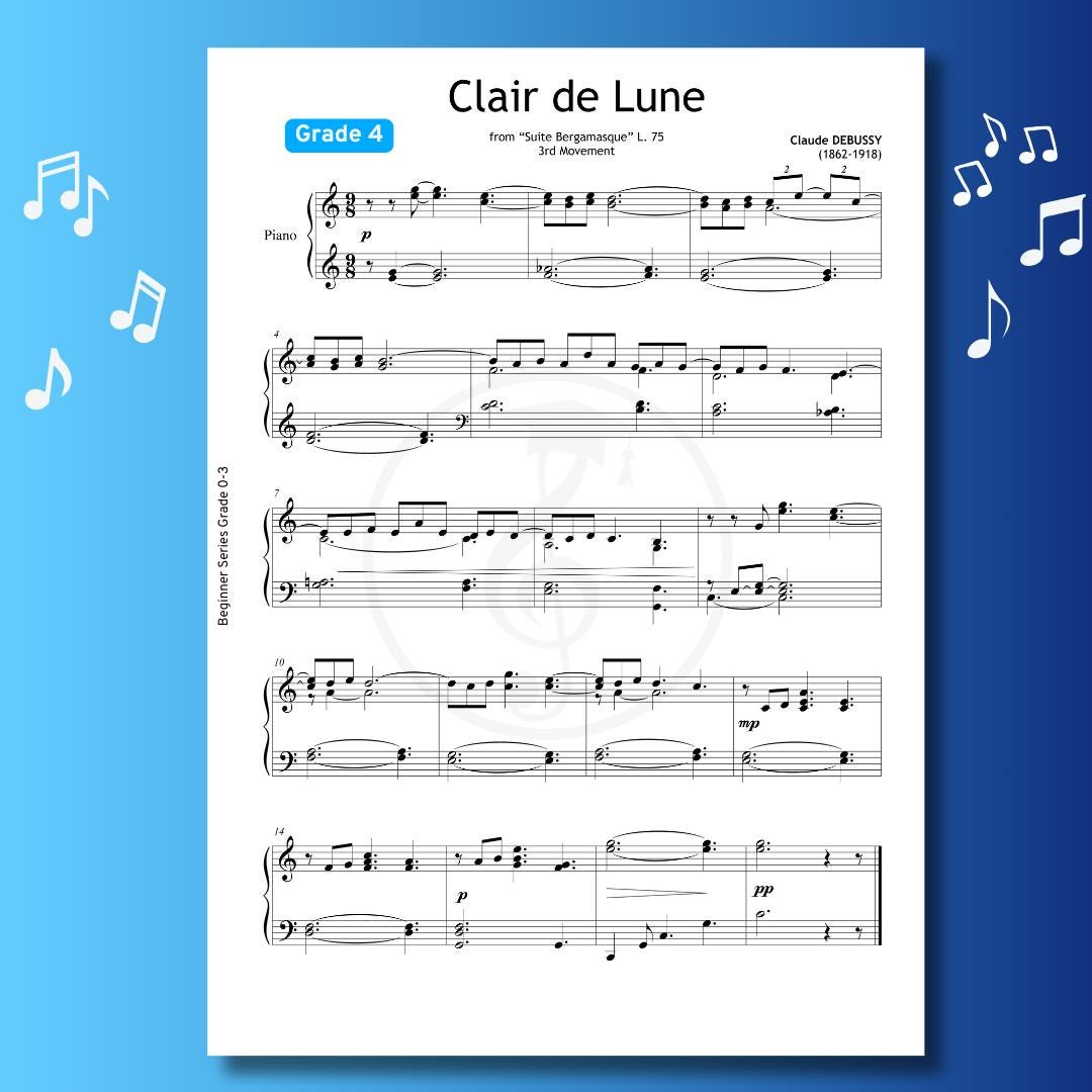 Clair de Lune by Claude Debussy downloadable and simplified piano sheet music PDF, Grade 4 early-intermediate version with optional clean score, note names, color-coded notes, and combined aids, professionally arranged for developing pianists, printable high-resolution files, ideal for lessons, recitals, and self-study on paper or tablet.
