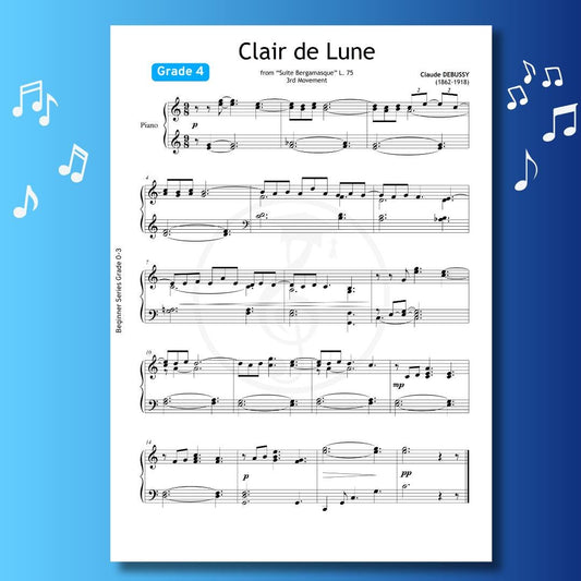 Clair de Lune by Claude Debussy downloadable and simplified piano sheet music PDF, Grade 4 early-intermediate version with optional clean score, note names, color-coded notes, and combined aids, professionally arranged for developing pianists, printable high-resolution files, ideal for lessons, recitals, and self-study on paper or tablet.