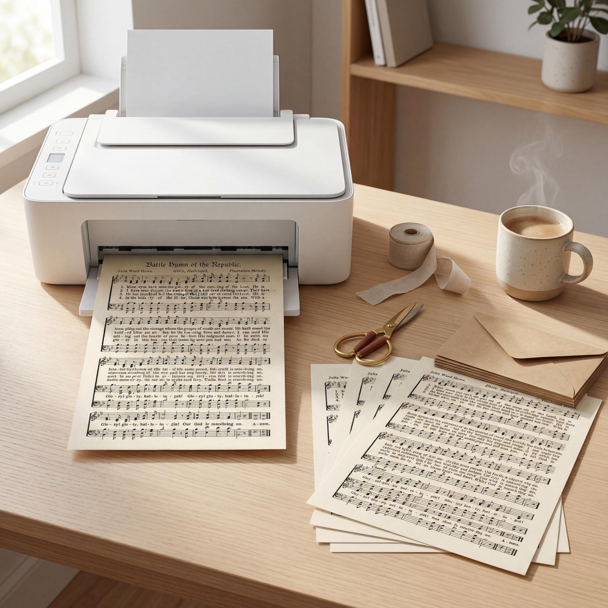 a printer on a wooden desk, with sheet music and a cup of coffee nearby.
