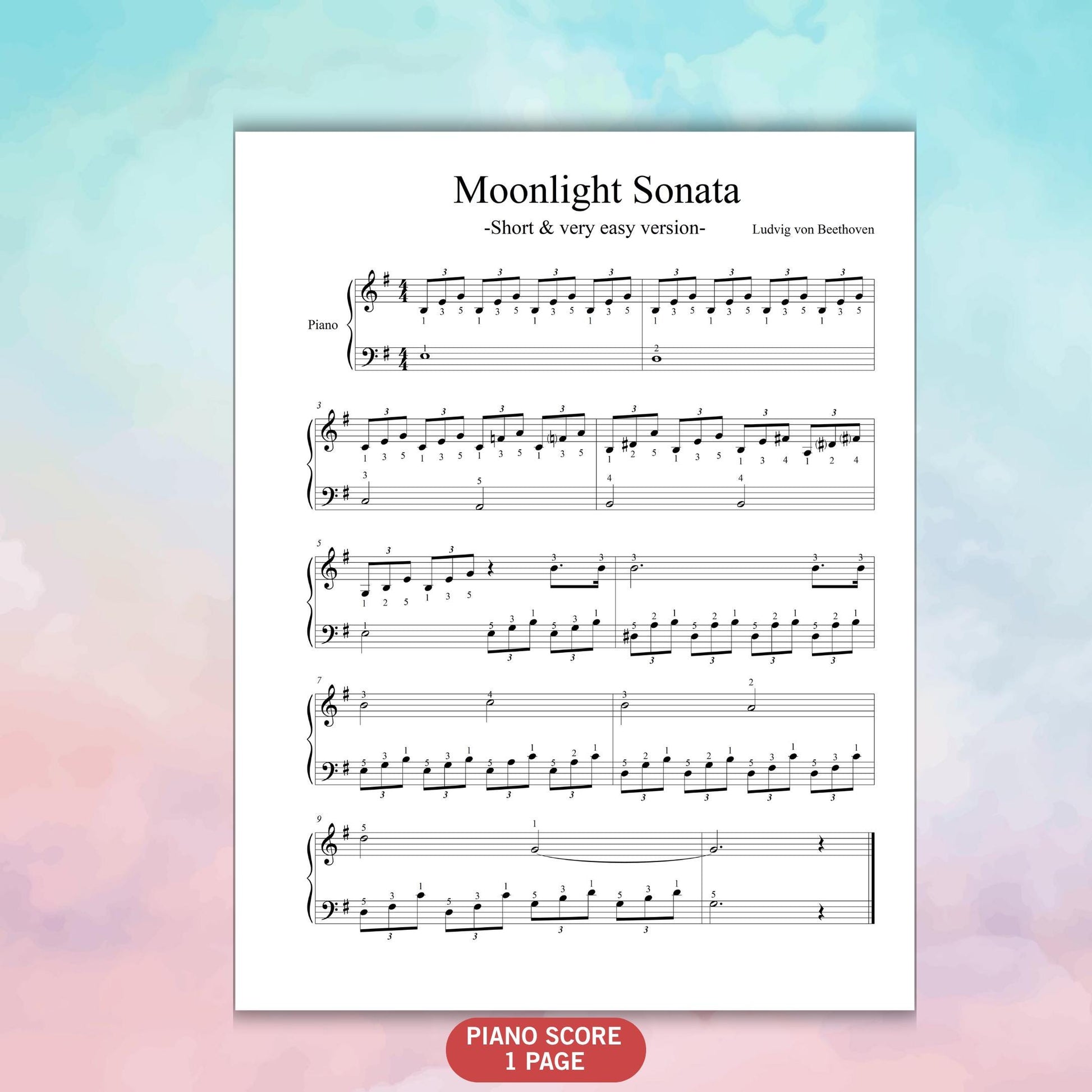 Moonlight Sonata by Beethoven Grade 1 simplified piano sheet music PDF and PNG, easy-to-play arrangement with full beginner support, note names written on notes, finger numbers for hand guidance, plus color-coded version and multimedia learning aids.