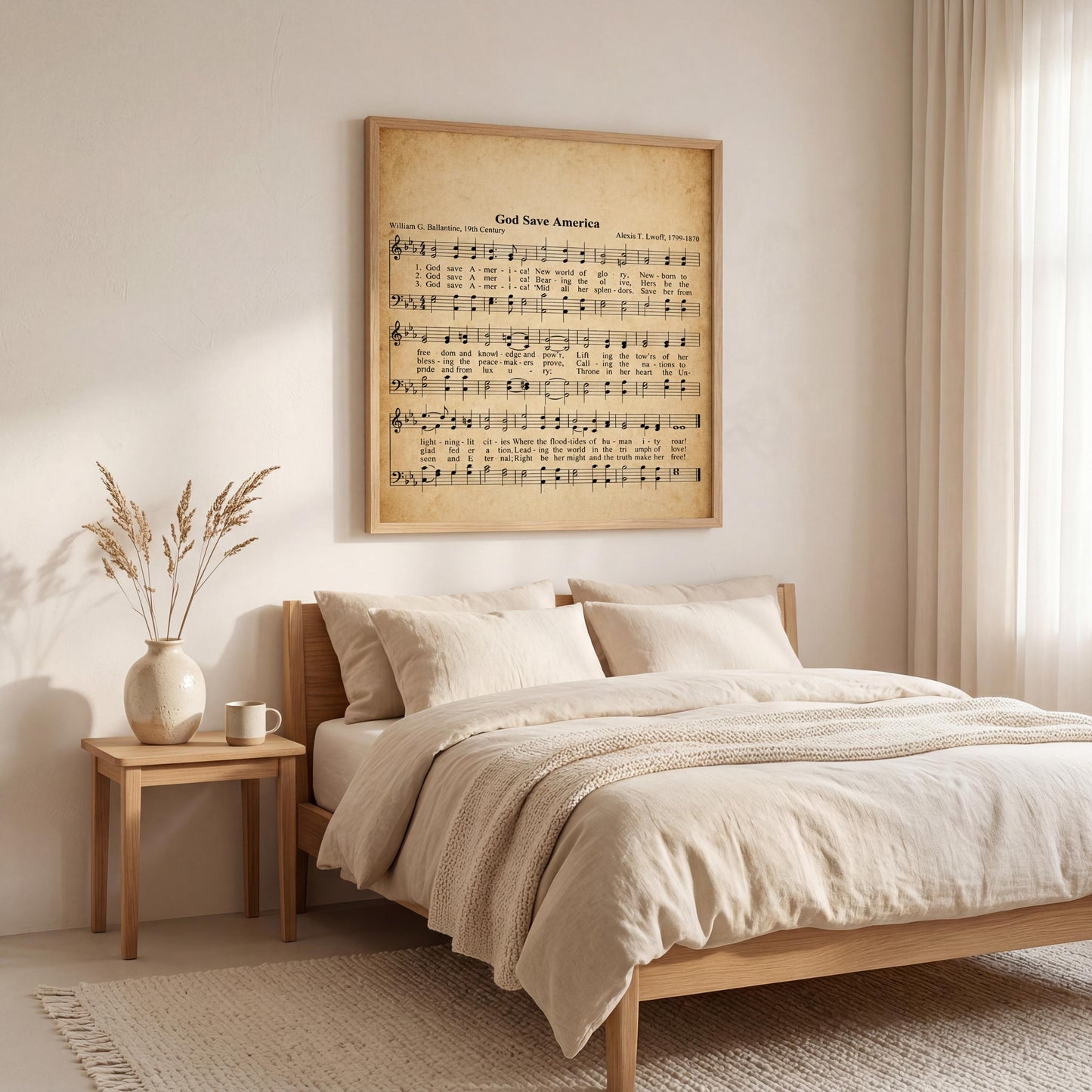 a serene bedroom scene with a bed, nightstand, and a framed sheet music poster on the wall.