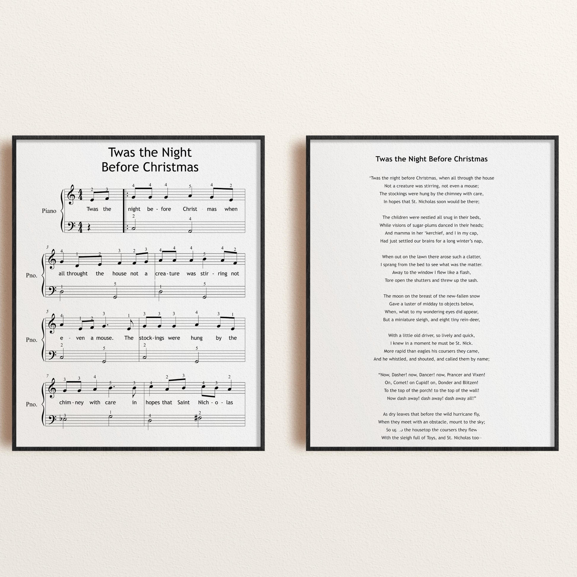 ’Twas the Night Before Christmas Grade 1–2 easy piano sheet downloadable and simplified piano sheet music PDF with clear layout, finger numbers on every note, letter names, and color-coded notation, includes MP3 audio demo and holiday cover, printable A4 and US Letter, tablet-compatible for teaching and practice.